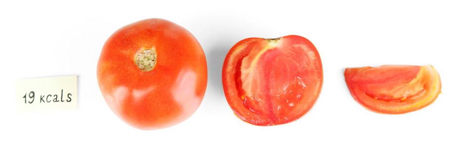 卡路里含量的番茄上白色隔离图片