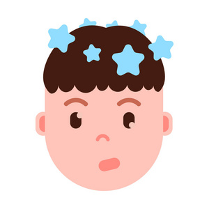 男孩头像 emoji 表情人物图标, 面部表情, 头像人物, 男人眩晕脸与不同的男性情感概念。平面设计