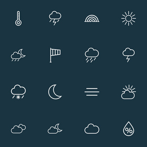 空气图标线风格设置与月光, 温度计, 电弧和其他 windsock 元素。隔绝的例证空气图标