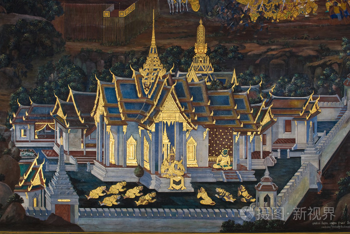 在曼谷,泰国的寺庙墙上的传统泰式风格绘画艺术的杰作