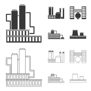 工业生产。工厂设置集合图标黑色, 轮廓样式矢量符号股票插画网站