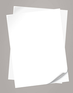 灰色背景下的文本或广告信息用卷曲的角堆积的白色笔记本纸集