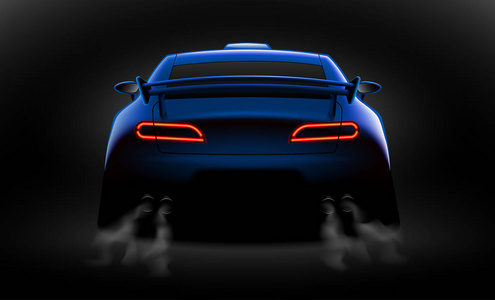 现实的蓝色跑车在黑暗中与未上锁的尾灯的后视图