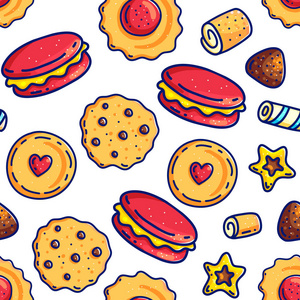 五颜六色的卡通涂鸦与轮廓甜糖果 seampless 图案的背景包装纸和包装。饼干和 macaron