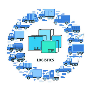 不同类型的扁平卡车的货物运输和物流循环概念照片