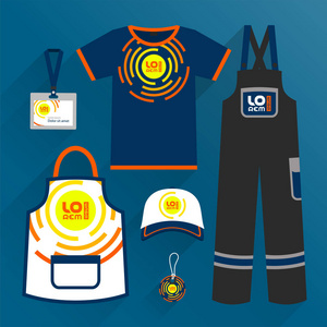 蓝色促销服装设计, 统一为企业标识与橙色圆形。文具套装