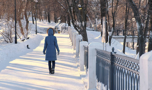 穿着蓝色羽绒服的年轻女子在冬季公园里走着毛皮帽。后退视图