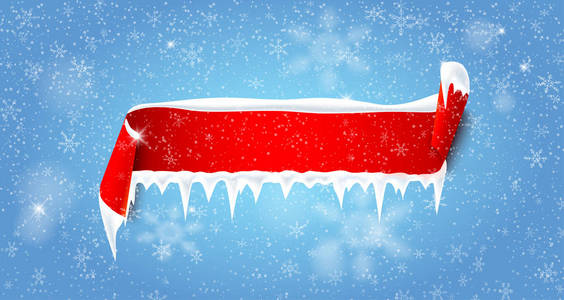 红色缎带和雪的冬季或圣诞节模板