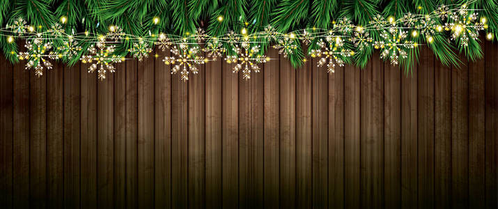 冷杉分支与霓虹灯和金色的花环与雪花在木制背景。圣诞快乐, 新年快乐。矢量插图