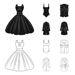 女性服装黑色, 轮廓图标在集合中设计。服装品种及配件矢量符号股票 web 插图