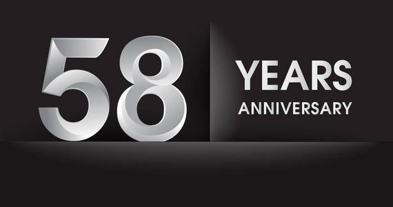 58年周年纪念庆祝标识。黑色背景上的银色标志, 问候或邀请卡的矢量设计