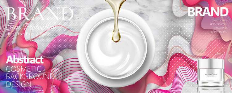 化妆品奶油罐在大理石石头和粉红色波浪形背景的顶视图在3d 例证