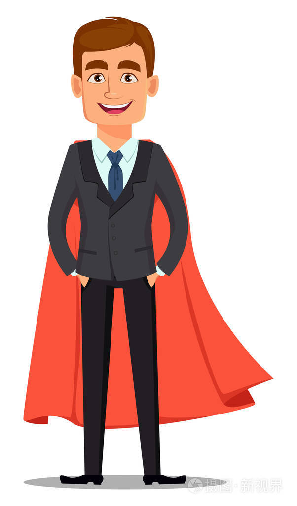 欢快的卡通人物身穿超级英雄斗篷.白色背景上的矢量插图