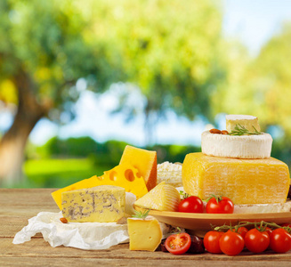 关闭桌子上不同类型的美味奶酪