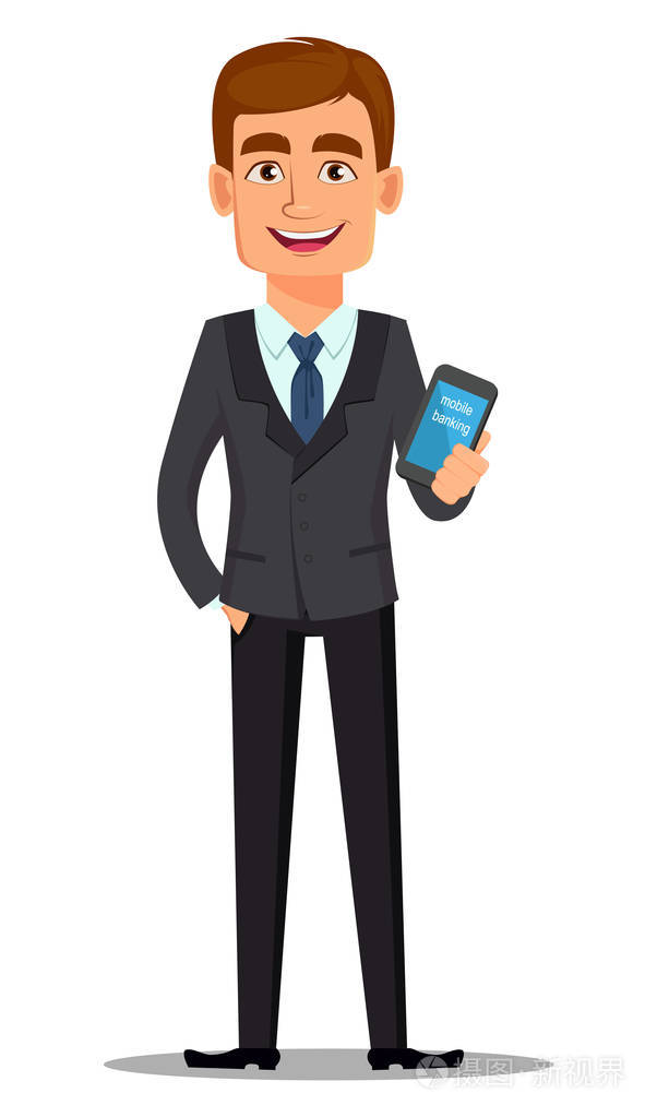 穿着西装的英俊银行家.欢快的卡通人物手持智能手机.