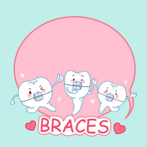 可爱的卡通牙齿与括号概念绿色背景照片