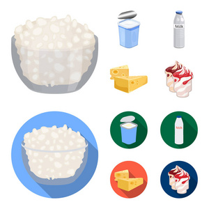 牛奶, 钙, 产品, 食物。牛奶产品和甜集合图标在卡通, 平面式矢量符号股票插画网站