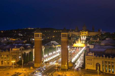 巴塞罗那，西班牙的黄昏 niew。在西班牙广场