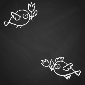 可爱的小手画的小鸟插图白色以上的黑色黑板。卡通矢量背景与滑稽的小鸡