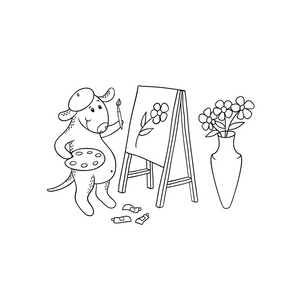 小狗日历矢量卡通狗画家.字符小狗从自然图画画在画架.