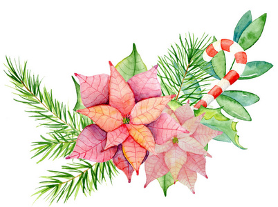 圣诞快乐的水彩花环与花卉冬季元素。新年快乐贺卡, 海报