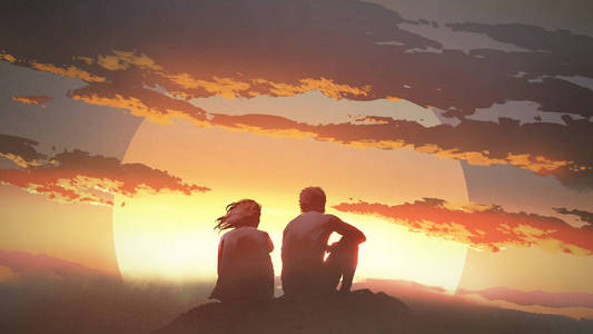 一对年轻夫妇的剪影坐在岩石看日落, 数字艺术风格, 插图画