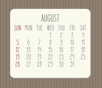 8月年2018矢量手画日历.星期从星期日开始.