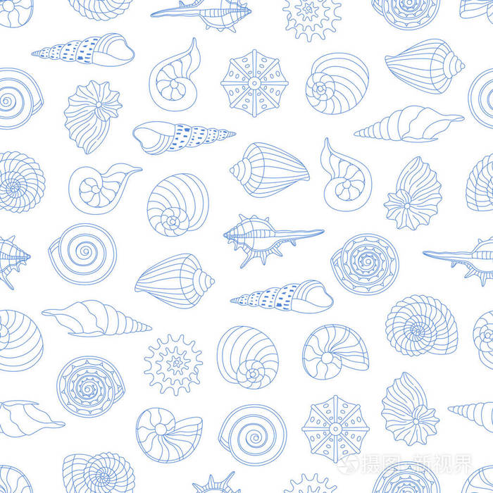 白色背景的小贝壳的无缝矢量图案.可用于平面设计,纺织设计或网页设计