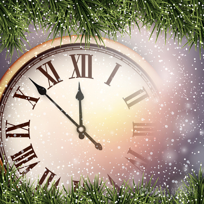 新的一年时钟与雪的背景