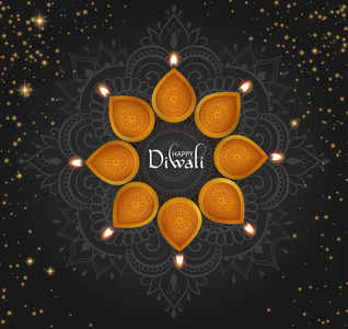 黑色闪亮快乐 diwali 卡与油灯和曼陀罗