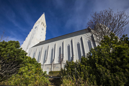 冰岛雷克雅未克市宏伟的雷克雅未克大教堂, 也被称为 Hallgrimskirkja 路德教会教堂的景色