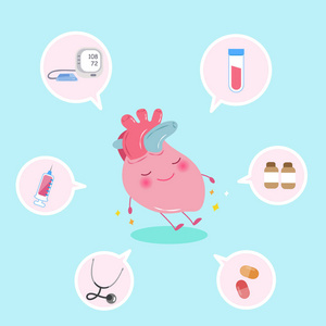 可爱的卡通心与健康概念的蓝色背景运行人象征心血管内科蓝色背景上有