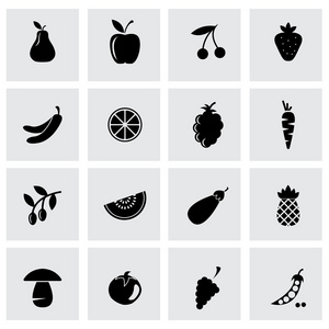 矢量黑色水果和蔬菜的图标集