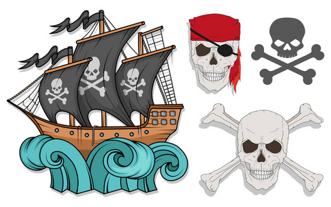 海盗船或船例证, 查出的白色背景, 动画片海海盗船, 航海船在海上, 矢量图形设计