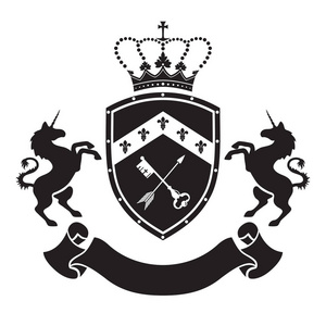 徽章盾与冠, 钥匙和箭头, 二个站立的独角兽在边。基于和灵感的老纹章