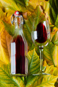 红酒在秋天树叶背景