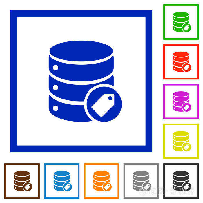 白色背景下正方形框架中的数据库标记平面颜色图标