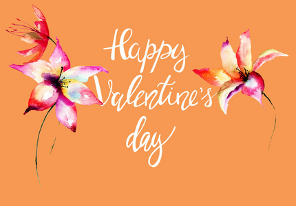 工笔百合花题词百合花与标题快乐情人节, 水彩图案照片