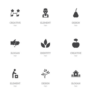 设置9个可编辑的种植图标。包括茶叶, 苹果, 花园房子等符号。可用于 web移动Ui 和图表设计