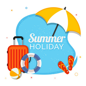 夏季销售假期概念与旅行袋, 排球, 触发器和雨伞