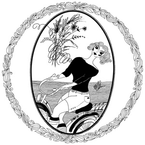 着色的成人书的模式。老式的女孩骑着一辆自行车。组的插图