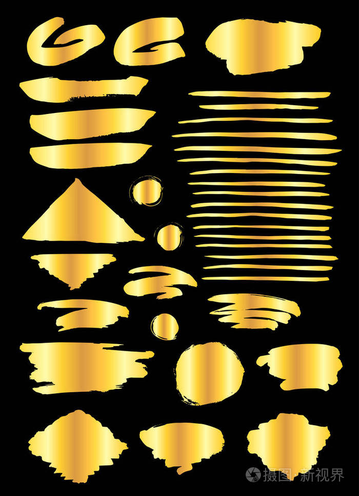 收集的杂项黄金垃圾刷笔画隔离黑色背景。设计元素集。矢量插图
