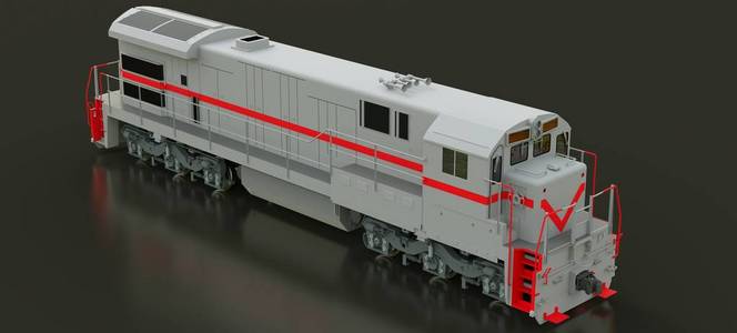 现代灰色内燃机车, 具有强大的动力和力量, 用于移动长重型铁路列车。3d 渲染
