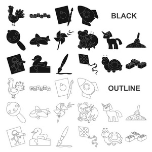 儿童玩具黑色图标在集集合为设计。游戏和摆设矢量符号股票 web 插图