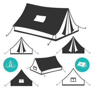 露营帐篷图标在 3d, 等距。从不同侧面显示的一组帐篷。向量例证