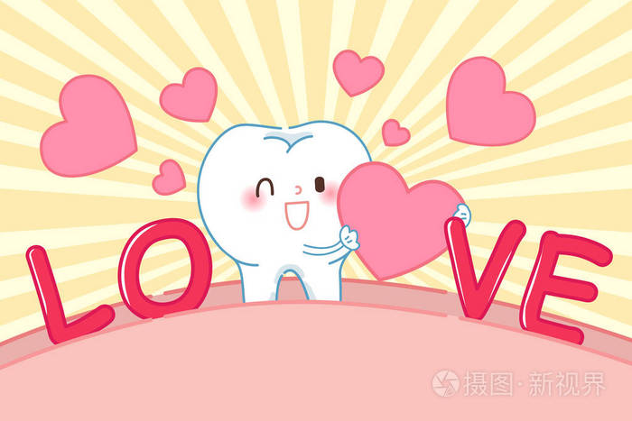 可爱的卡通牙齿在绿色背景的牙齿护理
