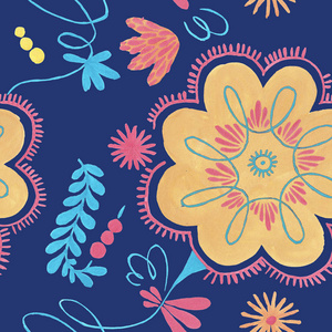 波兰草药图案与橙色花卉装饰, 传统波兰民间无缝图案与花卉插图