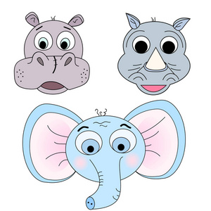 一组动物头部的矢量插图。河马, 犀牛, 大象。卡通印刷