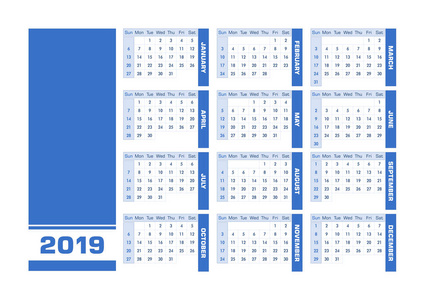 蓝色2019英语日历。带空白的矢量插图, 供您的内容使用。所有元素都按图层排序和分组, 以便轻松编辑。可打印的横向版本