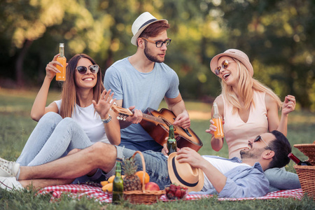 愉快的年轻朋友与帽子和太阳镜在公园野餐